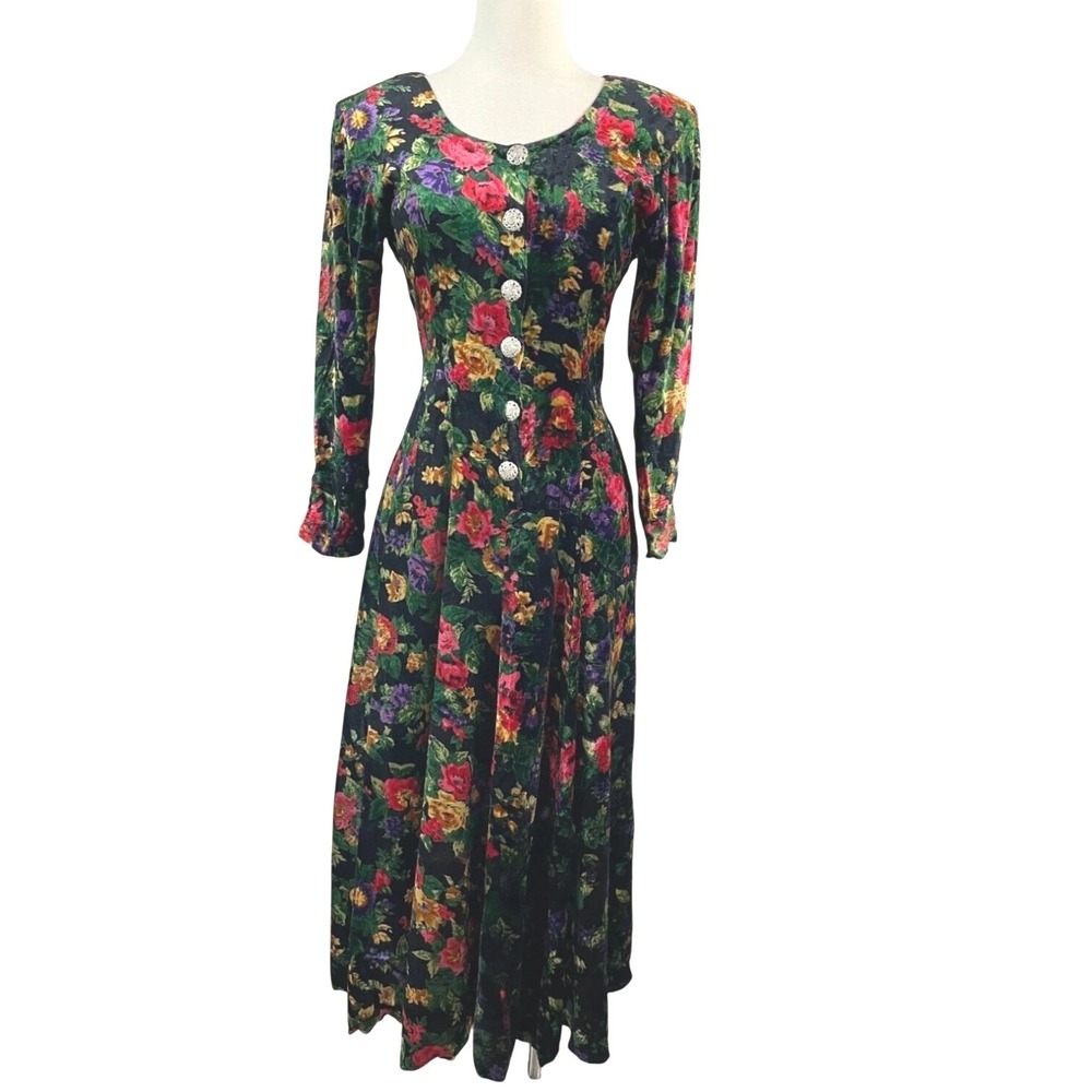 Nostalgic Floral Velvet Maxi Dress Black Red Yellow Purple Long Sleeve S Vintage